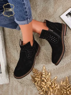 Botki Bez Ocieplenia|Botki Na Płaskim Obcasie^Royalfashion Botki Aurelia Nero zamszowe ażurowe botki damskie płaski obcas 3cm czarny