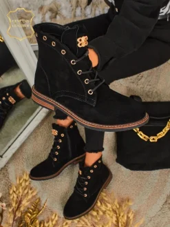 Botki Bez Ocieplenia|Botki Sznurowane^Royalfashion Botki damskie Aurelia Romano z naturalnego zamszu – brązowe, z futerkiem czarny