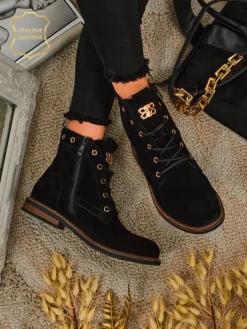 Botki Bez Ocieplenia|Botki Sznurowane^Royalfashion Botki damskie Aurelia Romano z naturalnego zamszu – brązowe, z futerkiem czarny