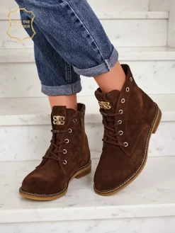 Botki Bez Ocieplenia|Botki Sznurowane^Royalfashion Botki damskie Aurelia Romano z naturalnego zamszu – brązowe, z futerkiem brązowy