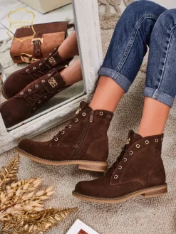 Botki Bez Ocieplenia|Botki Sznurowane^Royalfashion Botki damskie Aurelia Romano z naturalnego zamszu – brązowe, z futerkiem brązowy