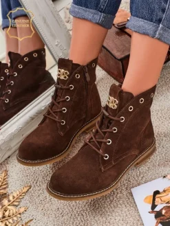 Botki Bez Ocieplenia|Botki Sznurowane^Royalfashion Botki damskie Aurelia Romano z naturalnego zamszu – brązowe, z futerkiem brązowy