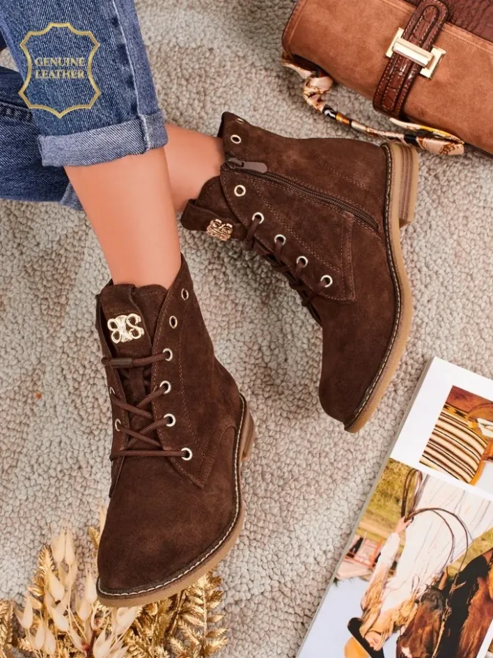 Botki Bez Ocieplenia|Botki Sznurowane^Royalfashion Botki damskie Aurelia Romano z naturalnego zamszu – brązowe, z futerkiem brązowy