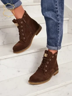 Botki Bez Ocieplenia|Botki Sznurowane^Royalfashion Botki damskie Aurelia Romano z naturalnego zamszu – brązowe, z futerkiem brązowy