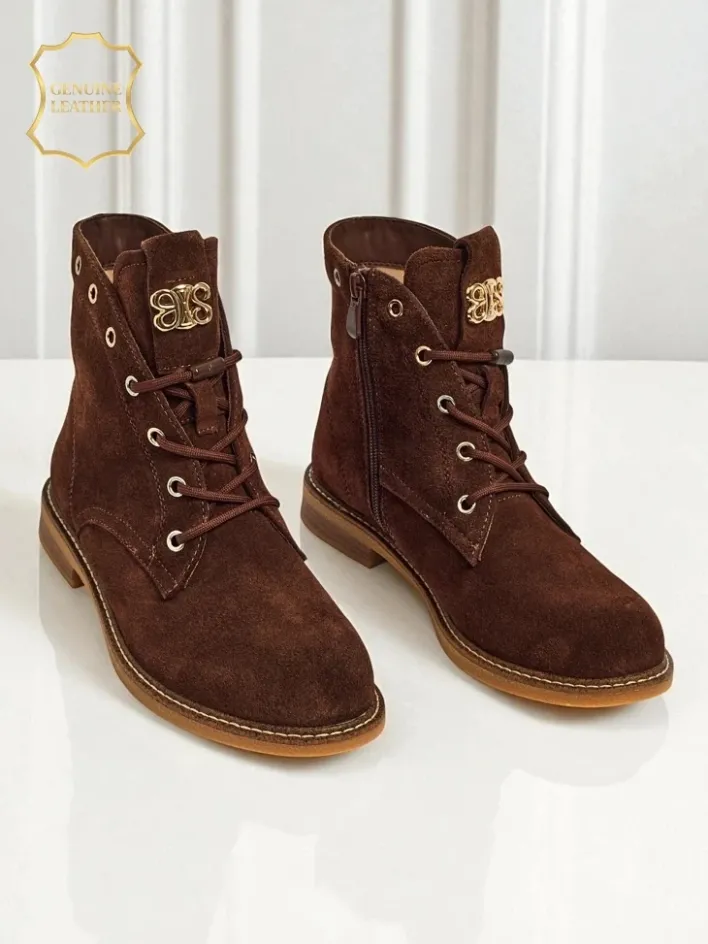 Botki Bez Ocieplenia|Botki Sznurowane^Royalfashion Botki damskie Aurelia Romano z naturalnego zamszu – brązowe, z futerkiem brązowy