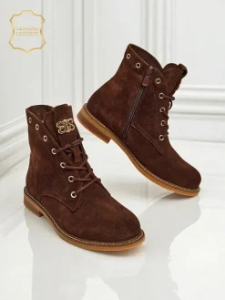 Botki Bez Ocieplenia|Botki Sznurowane^Royalfashion Botki damskie Aurelia Romano z naturalnego zamszu – brązowe, z futerkiem brązowy