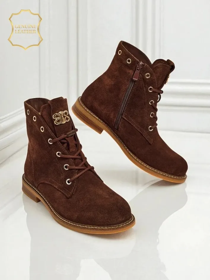 Botki Bez Ocieplenia|Botki Sznurowane^Royalfashion Botki damskie Aurelia Romano z naturalnego zamszu – brązowe, z futerkiem brązowy