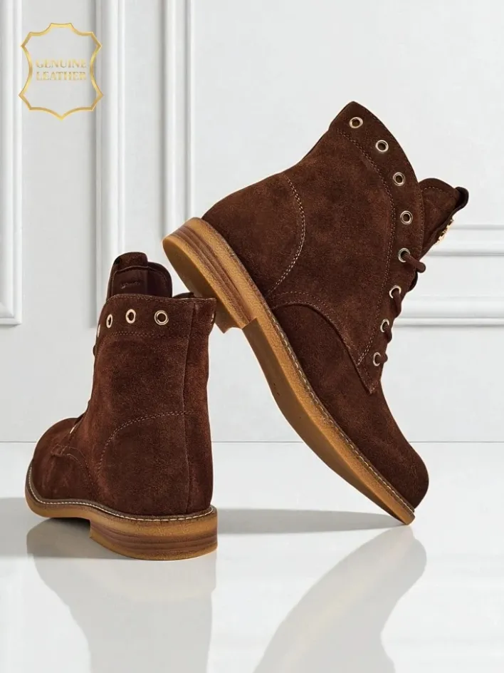 Botki Bez Ocieplenia|Botki Sznurowane^Royalfashion Botki damskie Aurelia Romano z naturalnego zamszu – brązowe, z futerkiem brązowy