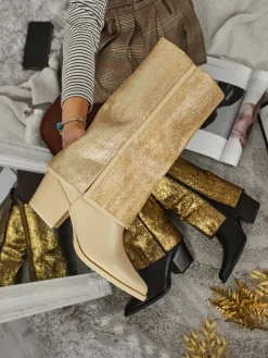 Botki Z Delikatnym Ociepleniem|Botki Na Słupku^Royalfashion Botki damskie eko skórzane na słupku z ozdobną cholewką Virelia beżowy