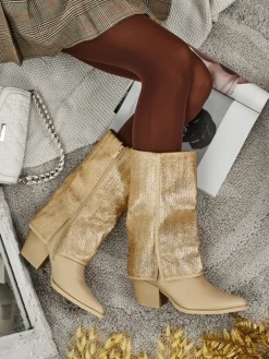 Botki Z Delikatnym Ociepleniem|Botki Na Słupku^Royalfashion Botki damskie eko skórzane na słupku z ozdobną cholewką Virelia beżowy