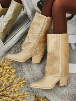 Botki Z Delikatnym Ociepleniem|Botki Na Słupku^Royalfashion Botki damskie eko skórzane na słupku z ozdobną cholewką Virelia beżowy