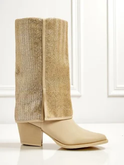 Botki Z Delikatnym Ociepleniem|Botki Na Słupku^Royalfashion Botki damskie eko skórzane na słupku z ozdobną cholewką Virelia beżowy
