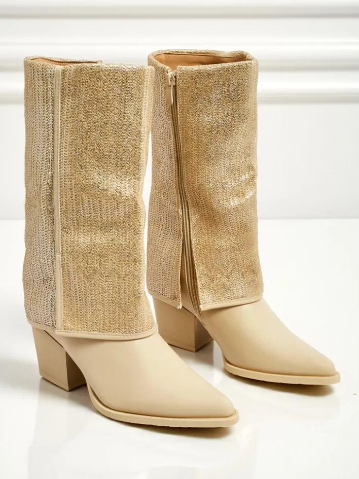 Botki Z Delikatnym Ociepleniem|Botki Na Słupku^Royalfashion Botki damskie eko skórzane na słupku z ozdobną cholewką Virelia beżowy