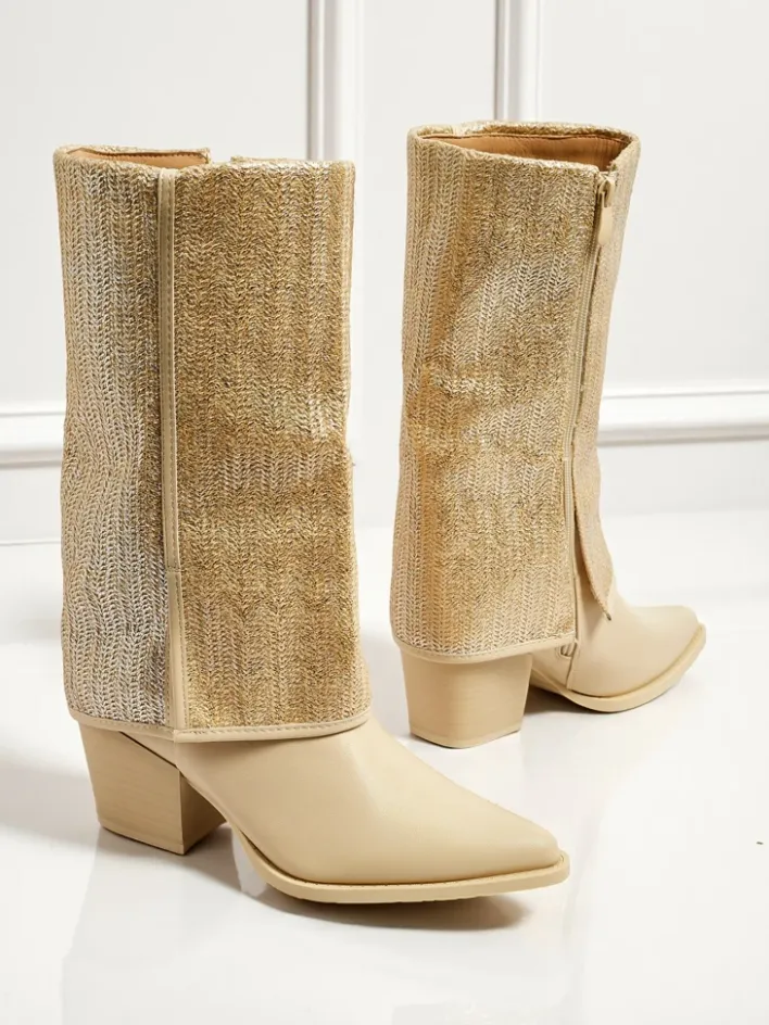 Botki Z Delikatnym Ociepleniem|Botki Na Słupku^Royalfashion Botki damskie eko skórzane na słupku z ozdobną cholewką Virelia beżowy