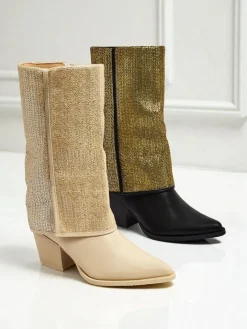 Botki Z Delikatnym Ociepleniem|Botki Na Słupku^Royalfashion Botki damskie eko skórzane na słupku z ozdobną cholewką Virelia beżowy