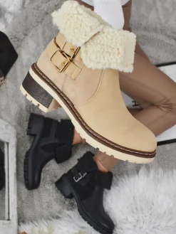 Botki Z Delikatnym Ociepleniem|Botki Na Płaskim Obcasie^Royalfashion Botki damskie eko skórzane z kożuszkiem Kavira beżowy