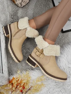 Botki Z Delikatnym Ociepleniem|Botki Na Płaskim Obcasie^Royalfashion Botki damskie eko skórzane z kożuszkiem Kavira beżowy