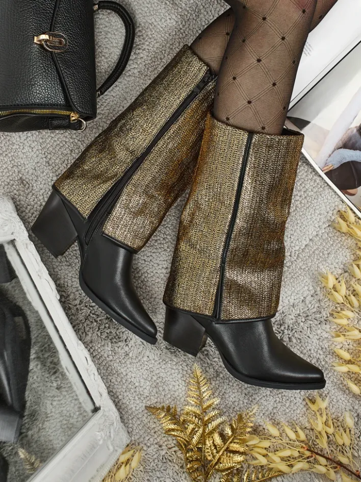 Botki Z Delikatnym Ociepleniem|Botki Na Słupku^Royalfashion Botki damskie eko skórzane na słupku z ozdobną cholewką Virelia czarny