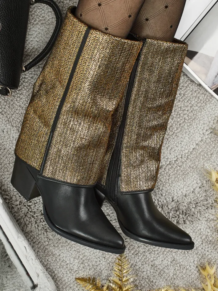 Botki Z Delikatnym Ociepleniem|Botki Na Słupku^Royalfashion Botki damskie eko skórzane na słupku z ozdobną cholewką Virelia czarny