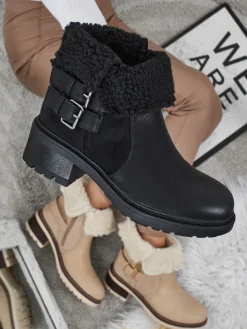 Botki Z Delikatnym Ociepleniem|Botki Na Płaskim Obcasie^Royalfashion Botki damskie eko skórzane z kożuszkiem Kavira czarny