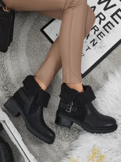 Botki Z Delikatnym Ociepleniem|Botki Na Płaskim Obcasie^Royalfashion Botki damskie eko skórzane z kożuszkiem Kavira czarny