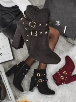 Botki Z Delikatnym Ociepleniem|Botki Na Słupku^Royalfashion Botki damskie eko zamszowe z dżetami Selva szary