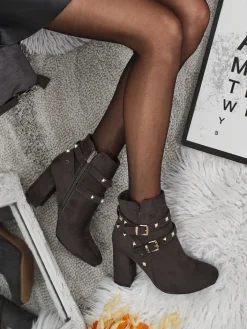 Botki Z Delikatnym Ociepleniem|Botki Na Słupku^Royalfashion Botki damskie eko zamszowe z dżetami Selva szary