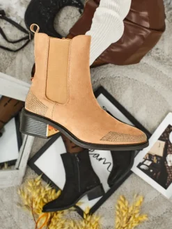 Botki Z Delikatnym Ociepleniem|Botki Na Słupku^Royalfashion Botki damskie eko zamszowe zdobione cyrkoniami TangleMist beżowy