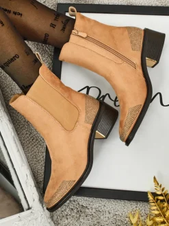 Botki Z Delikatnym Ociepleniem|Botki Na Słupku^Royalfashion Botki damskie eko zamszowe zdobione cyrkoniami TangleMist beżowy