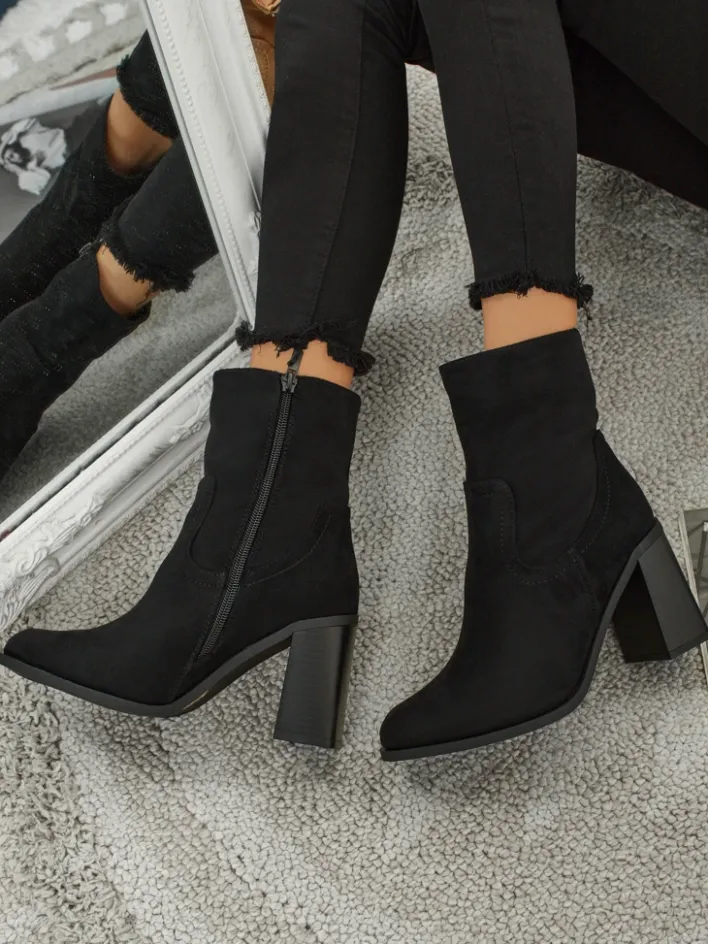 Botki Bez Ocieplenia|Botki Na Słupku^Royalfashion Botki damskie eko zamszowe na słupku Rune Fast czarny