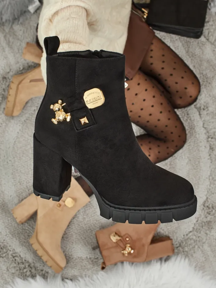 Botki Z Delikatnym Ociepleniem|Botki Na Słupku^Royalfashion Botki damskie eko zamszowe na słupku Bearr czarny