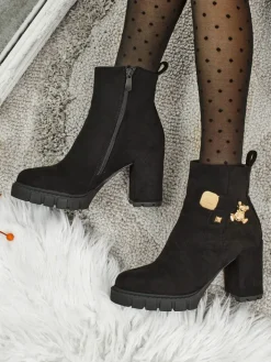 Botki Z Delikatnym Ociepleniem|Botki Na Słupku^Royalfashion Botki damskie eko zamszowe na słupku Bearr czarny