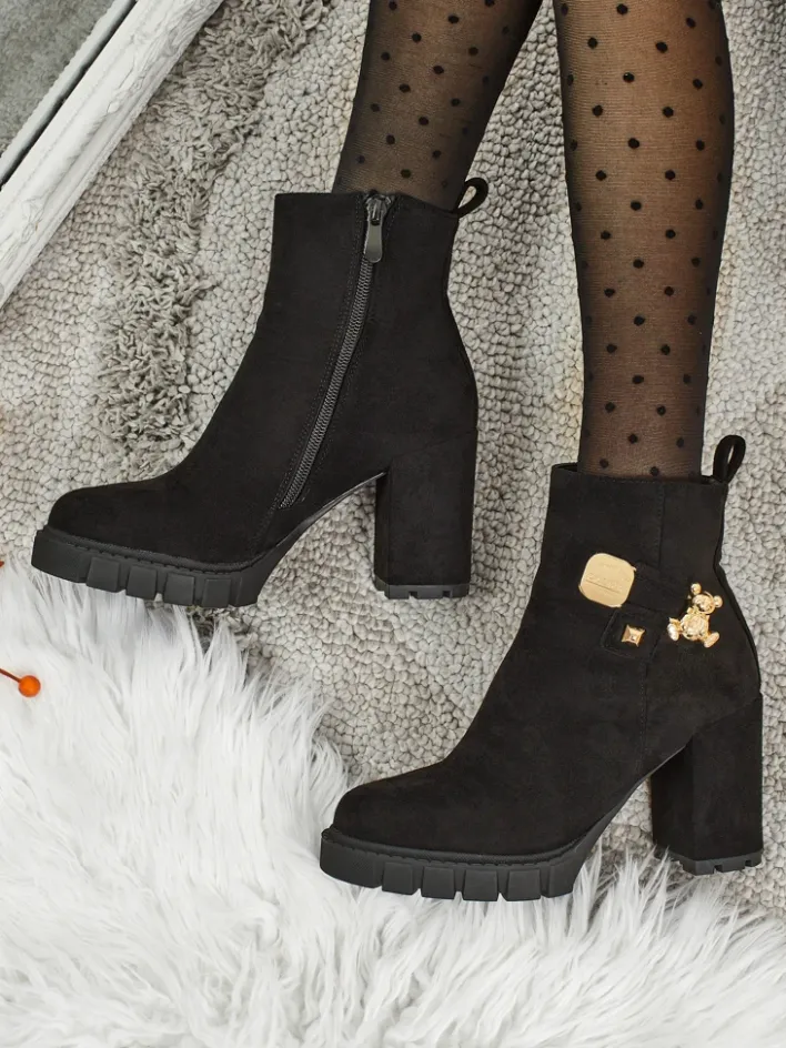 Botki Z Delikatnym Ociepleniem|Botki Na Słupku^Royalfashion Botki damskie eko zamszowe na słupku Bearr czarny