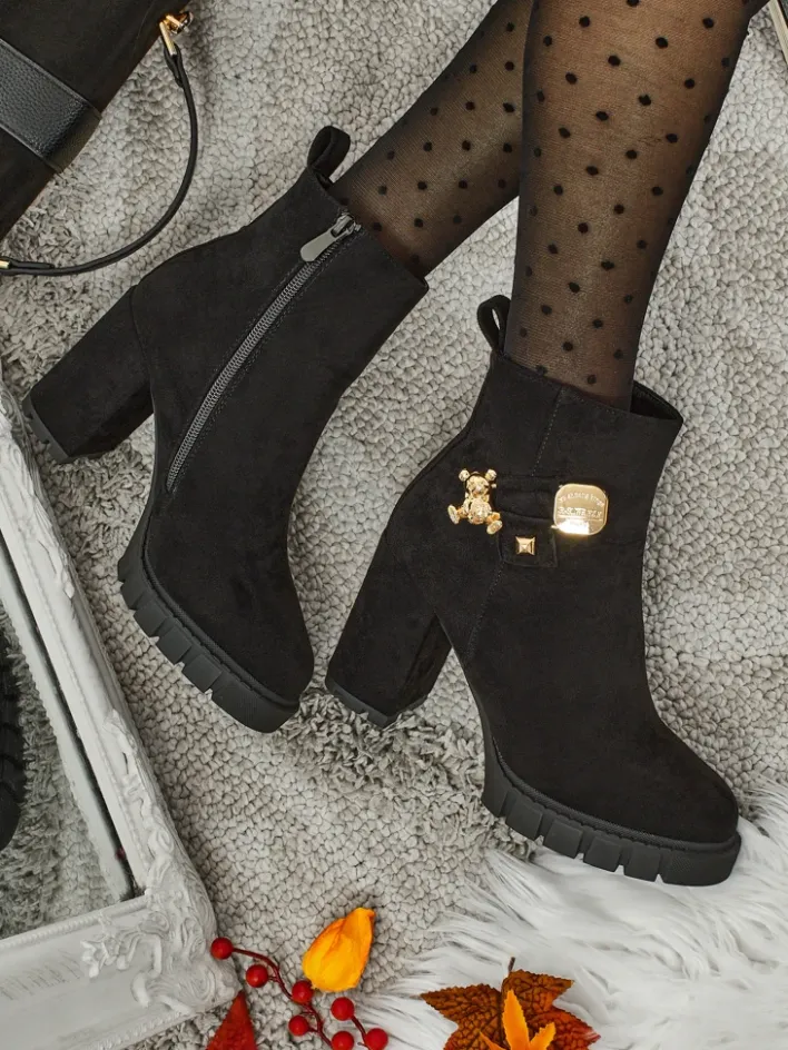 Botki Z Delikatnym Ociepleniem|Botki Na Słupku^Royalfashion Botki damskie eko zamszowe na słupku Bearr czarny