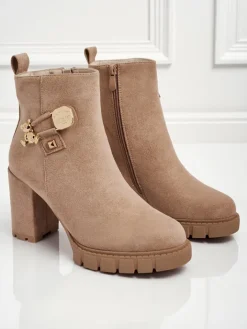 Botki Z Delikatnym Ociepleniem|Botki Na Słupku^Royalfashion Botki damskie eko zamszowe na słupku Bearr beżowy
