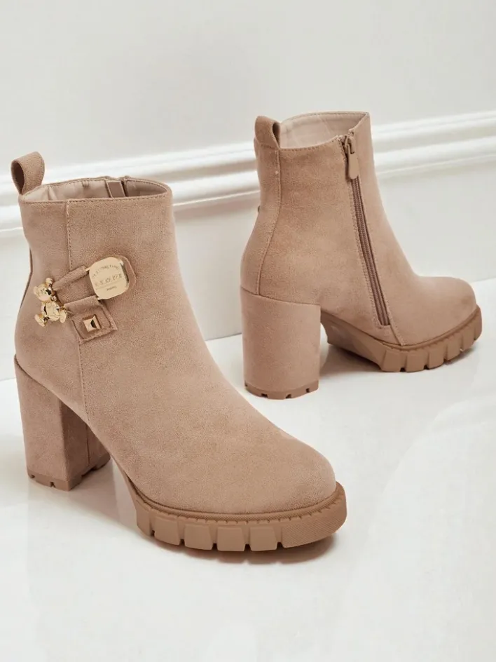 Botki Z Delikatnym Ociepleniem|Botki Na Słupku^Royalfashion Botki damskie eko zamszowe na słupku Bearr beżowy