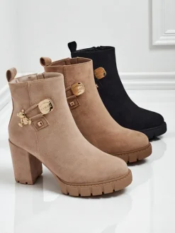 Botki Z Delikatnym Ociepleniem|Botki Na Słupku^Royalfashion Botki damskie eko zamszowe na słupku Bearr beżowy