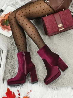Botki Z Delikatnym Ociepleniem|Botki Na Słupku^Royalfashion Botki damskie na słupku al'la Welur Miss Bordowy