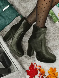 Botki Z Delikatnym Ociepleniem|Botki Na Słupku^Royalfashion Botki damskie na słupku al'la Welur Miss zielony