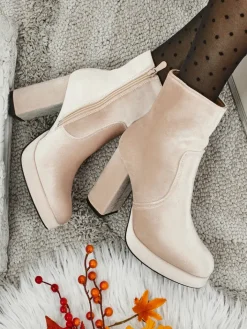 Botki Z Delikatnym Ociepleniem|Botki Na Słupku^Royalfashion Botki damskie na słupku al'la Welur Miss beżowy