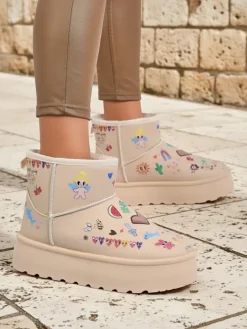 Śniegowce^Royalfashion Buty Ocieplane Callisto Angelico z Rysunkami Dziecięcymi na Platformie Beige