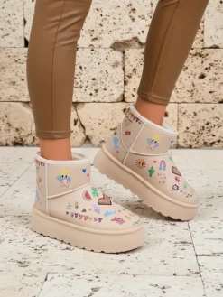 Śniegowce^Royalfashion Buty Ocieplane Callisto Angelico z Rysunkami Dziecięcymi na Platformie Beige
