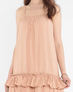 Sukienki Krótkie^Royalfashion Camelowa damska sukienka na ramiączkach z falbankami - Odzież jasny brązowy