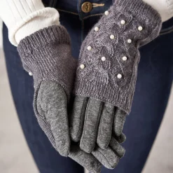Rękawiczki^Royalfashion Ciemnoszare damskie rękawiczki mitenki z perełkami - Akcesoria Ciemnoszary