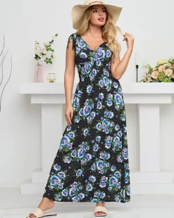 Sukienki Letnie|Sukienki Długie^Royalfashion Czarna damska sukienka maxi w niebieskie kwiaty- Odzież czarny
