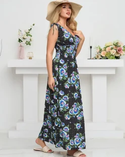 Sukienki Letnie|Sukienki Długie^Royalfashion Czarna damska sukienka maxi w niebieskie kwiaty- Odzież czarny