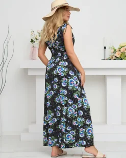 Sukienki Letnie|Sukienki Długie^Royalfashion Czarna damska sukienka maxi w niebieskie kwiaty- Odzież czarny