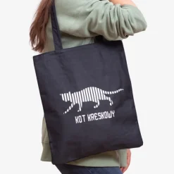 Materiałowe^Royalfashion Czarna materiałowa torba z napisem i nadrukiem kota - Akcesoria czarny