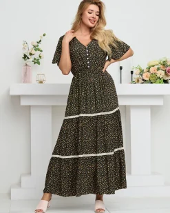 Sukienki Letnie|Sukienki Długie^Royalfashion Czarna rozkloszowana damska sukienka maxi w kwiaty - Odzież czarny