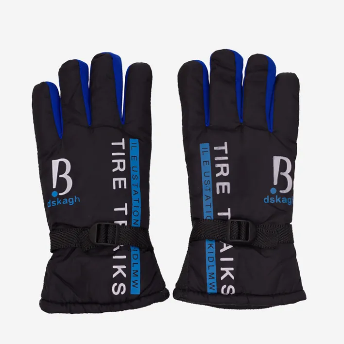 Rękawiczki^Royalfashion Czarne męskie ocieplane rękawice z napisami i mi wstawkami - Akcesoria kobaltowy